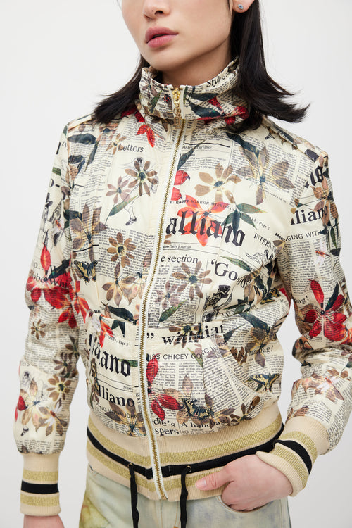 Galliano Cream 
Multicolour Floral Newsprint Bomber Jacket