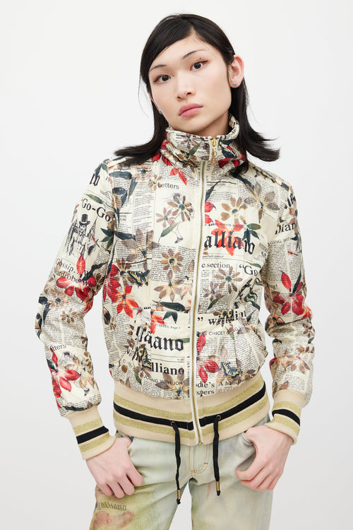 Galliano Cream 
Multicolour Floral Newsprint Bomber Jacket