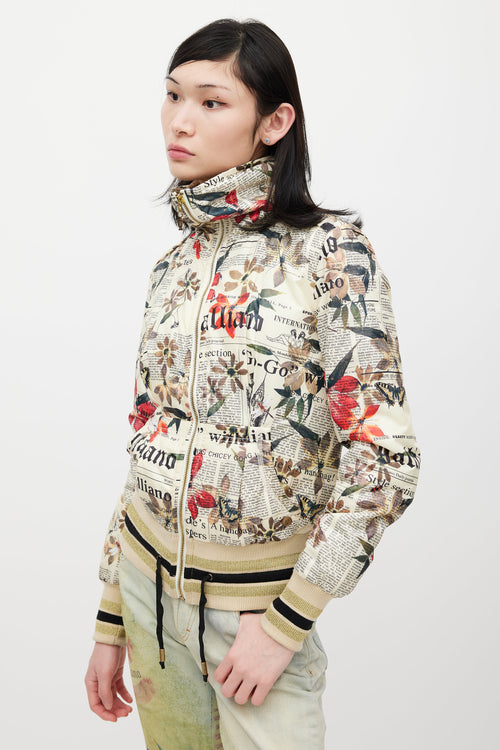 Galliano Cream 
Multicolour Floral Newsprint Bomber Jacket