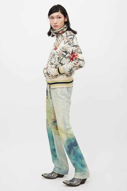 Galliano Cream 
Multicolour Floral Newsprint Bomber Jacket