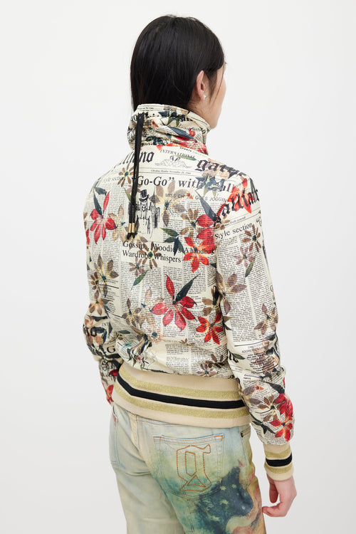 Galliano Cream 
Multicolour Floral Newsprint Bomber Jacket