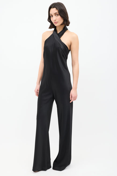 Galvan Black Satin Pandora Flared Leg Jumpsuit