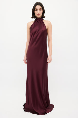 Galvan Burgundy Satin Sienna Tie Neck Dress