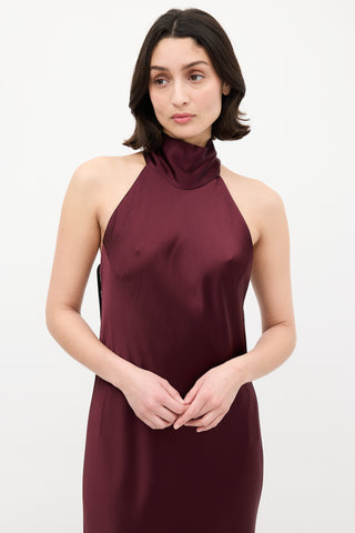 Galvan Burgundy Satin Sienna Tie Neck Dress