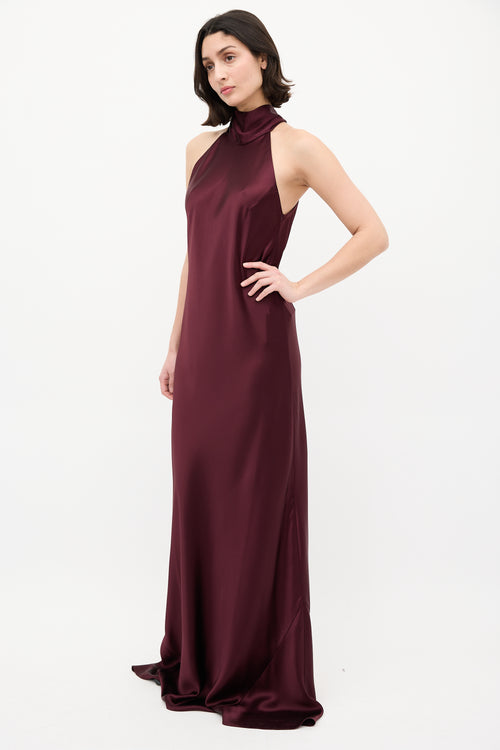 Galvan Burgundy Satin Sienna Tie Neck Dress