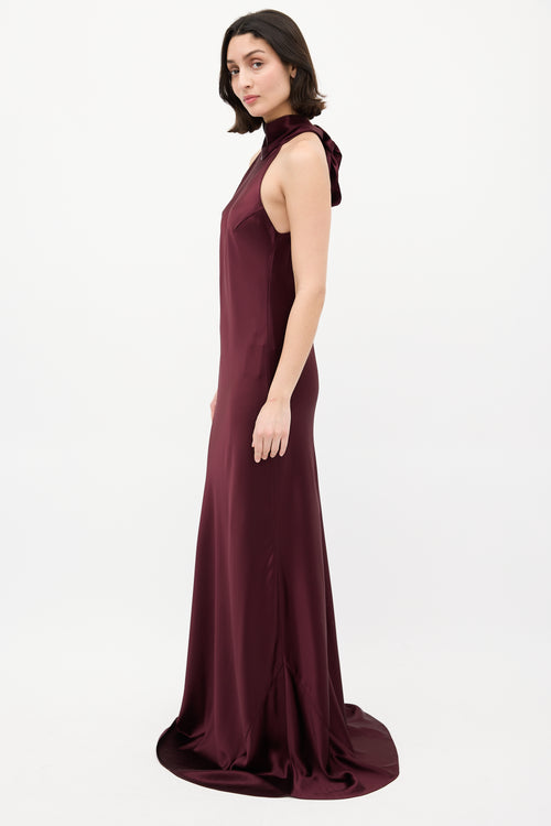 Galvan Burgundy Satin Sienna Tie Neck Dress