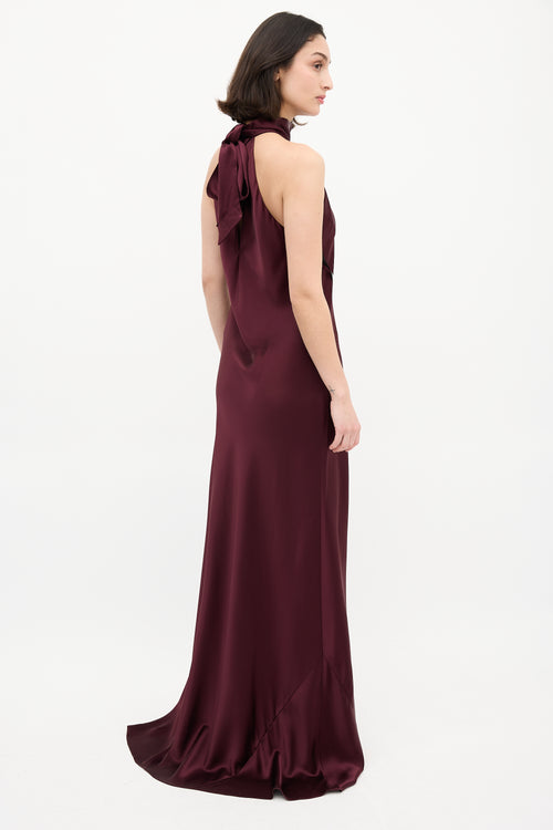 Galvan Burgundy Satin Sienna Tie Neck Dress