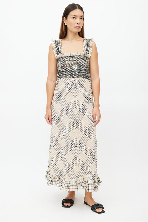 Ganni Beige 
Multicolour Plaid Seersucker Dress