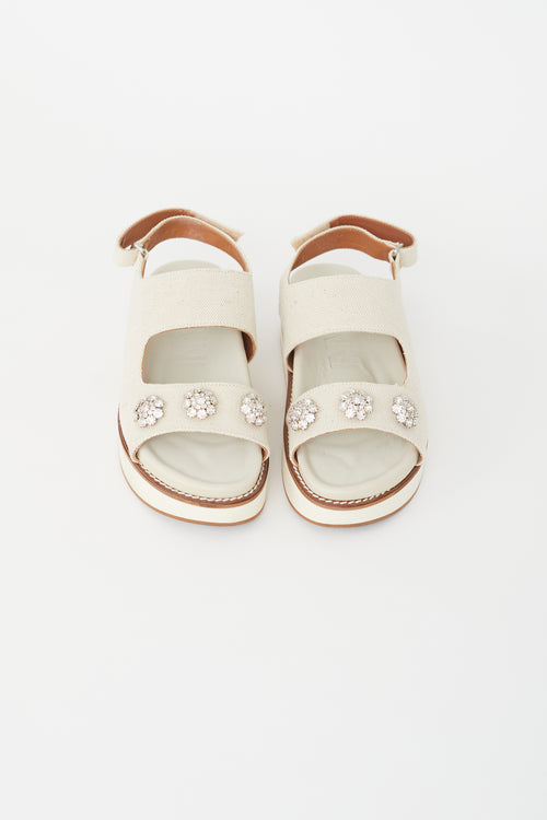 Ganni Beige Canvas Crystal Embellished Sandal