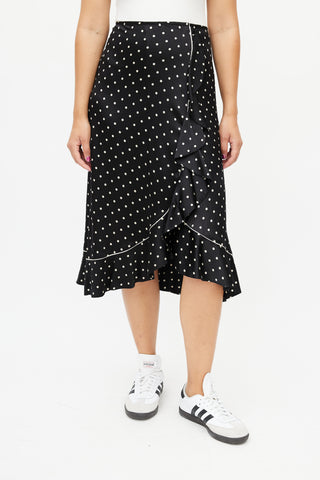 Ganni Black 
Cream Silk Polka Dot Skirt