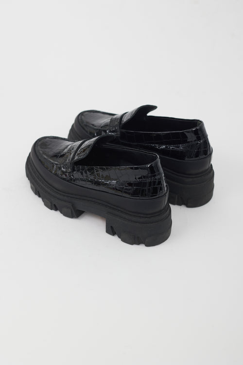 Ganni Black Leather Textured Platform Loafer