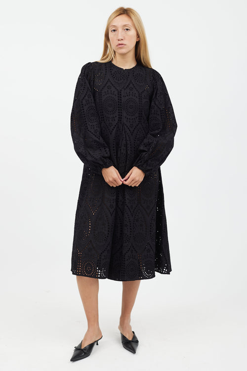 Ganni Black Floral Eyelet Cotton Dress