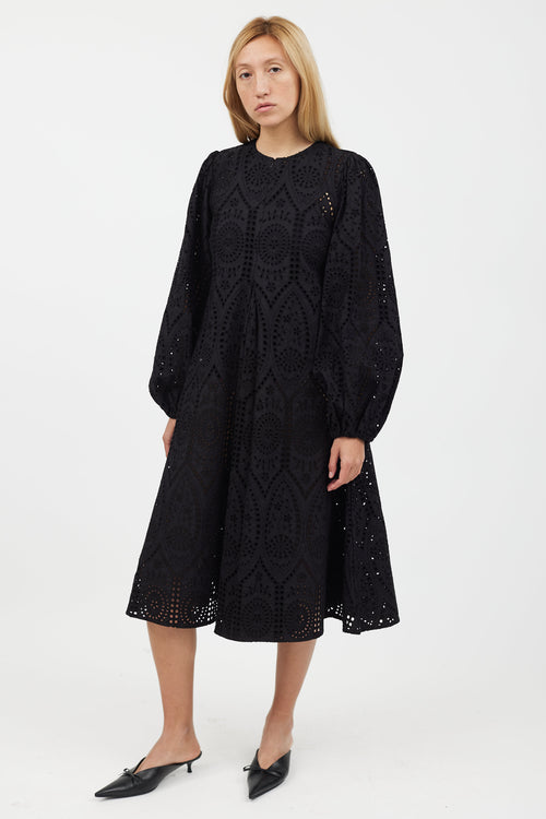 Ganni Black Floral Eyelet Cotton Dress