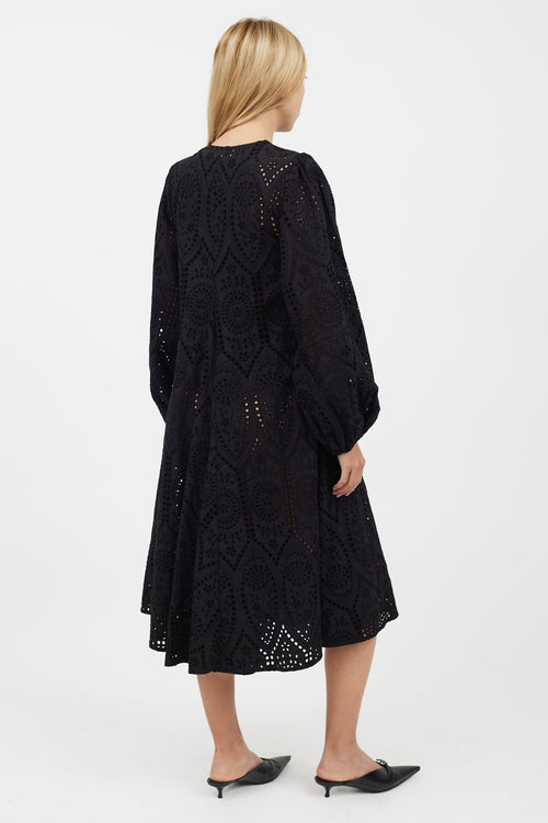 Ganni Black Floral Eyelet Cotton Dress