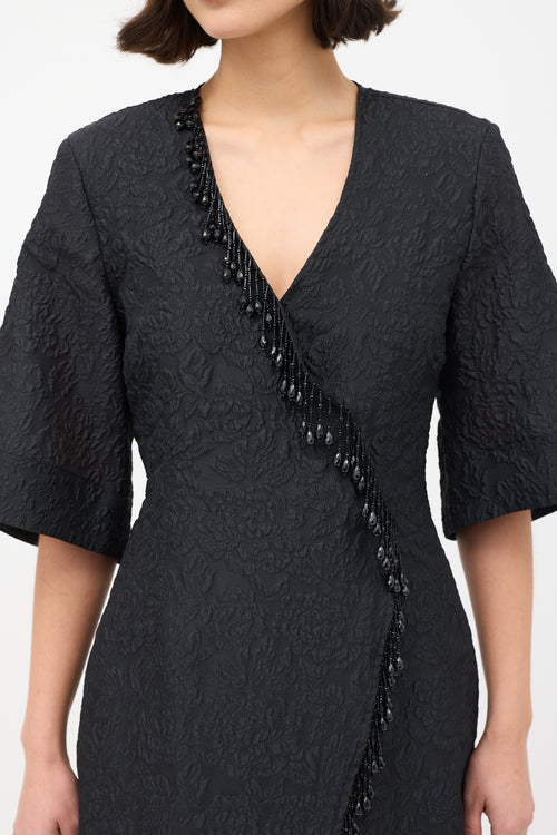 Ganni Black Floral Jacquard Bead Fringe Wrap Dress