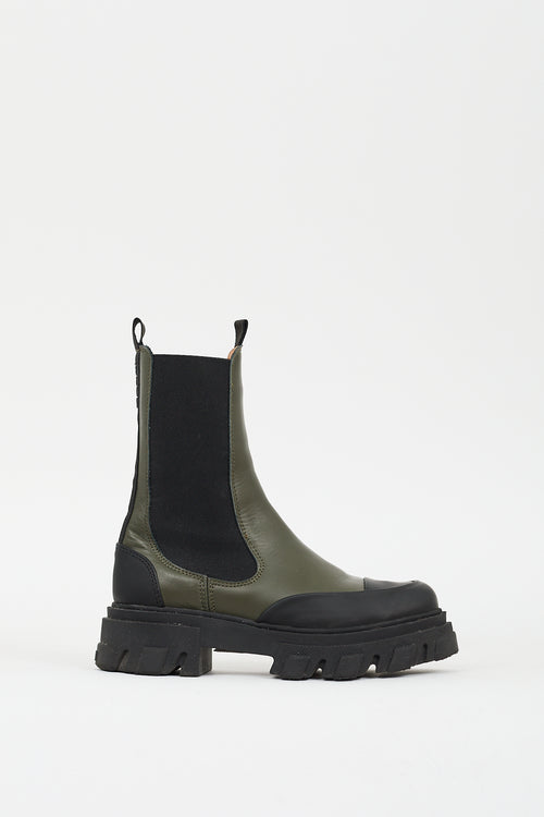 Ganni Black 
Green Leather City Boot