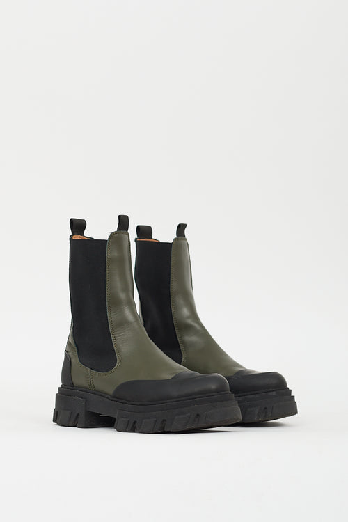 Ganni Black 
Green Leather City Boot