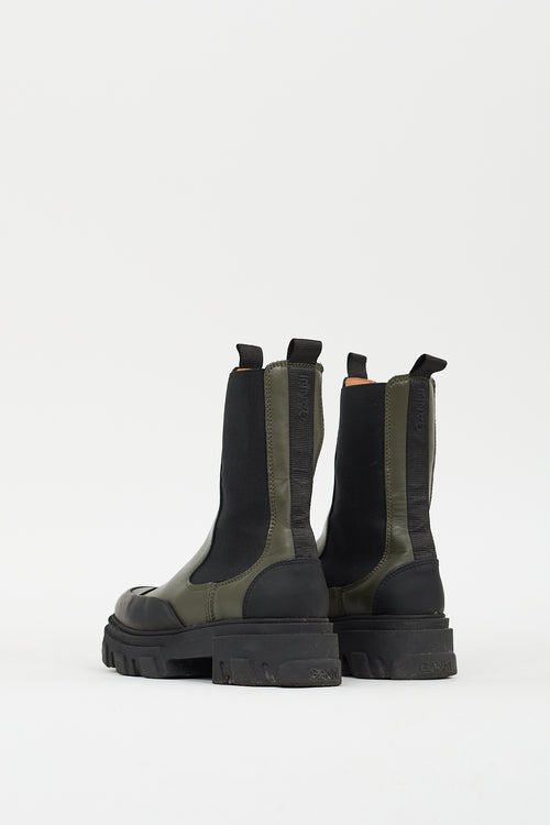 Ganni Black 
Green Leather City Boot