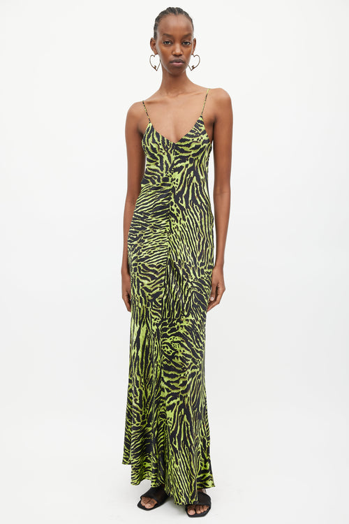 Ganni Black 
Green Silk Print V-Neck Dress