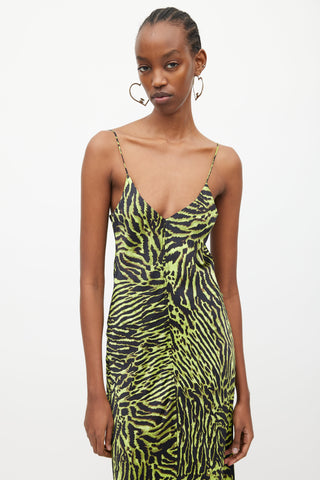 Ganni Black 
Green Silk Print V-Neck Dress