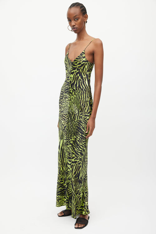 Ganni Black 
Green Silk Print V-Neck Dress