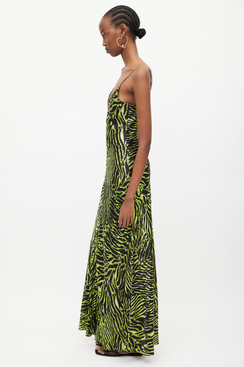 Ganni Black 
Green Silk Print V-Neck Dress