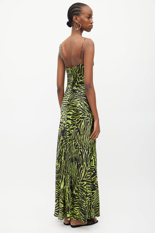 Ganni Black 
Green Silk Print V-Neck Dress