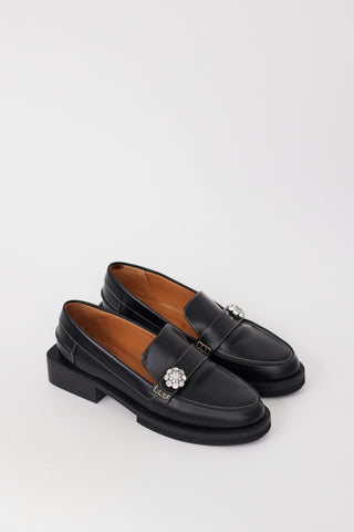 Ganni Black Leather Embellished Block Heel Loafer