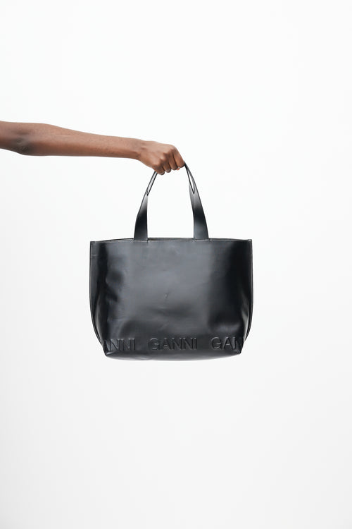 Ganni Black Leather Logo Tote