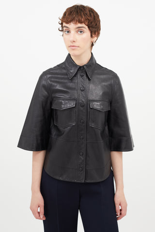 Ganni Black Leather Shirt Jacket