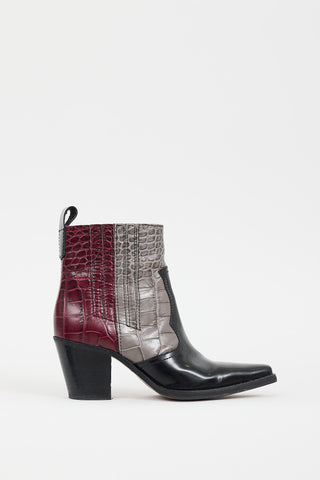 Ganni Black 
Multicolour Embossed Leather Western Boot