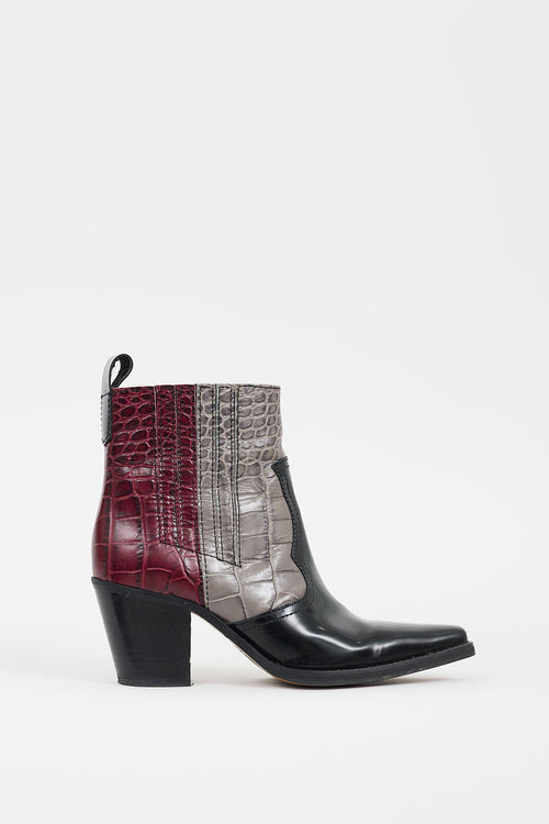 Ganni Black 
Multicolour Embossed Leather Western Boot