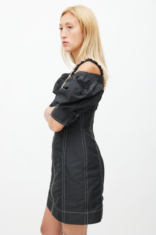 Ganni Black Off The Shoulder Contrast Stitch Dress