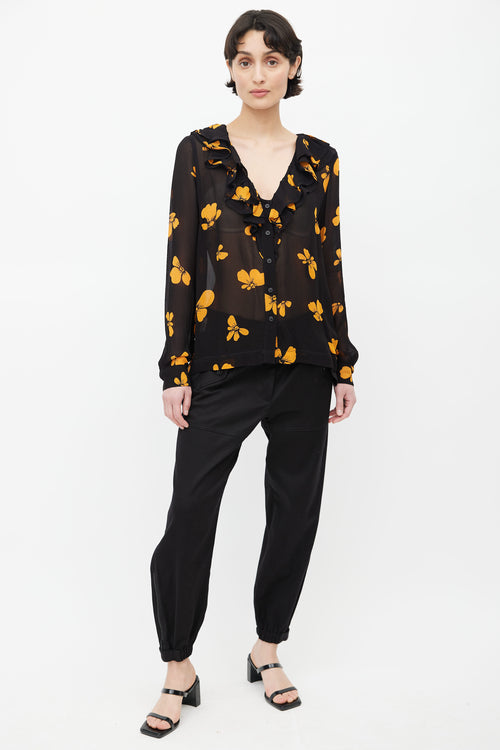 Ganni Black 
Orange Floral Semi Sheer Blouse