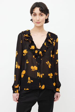 Ganni Black 
Orange Floral Semi Sheer Blouse