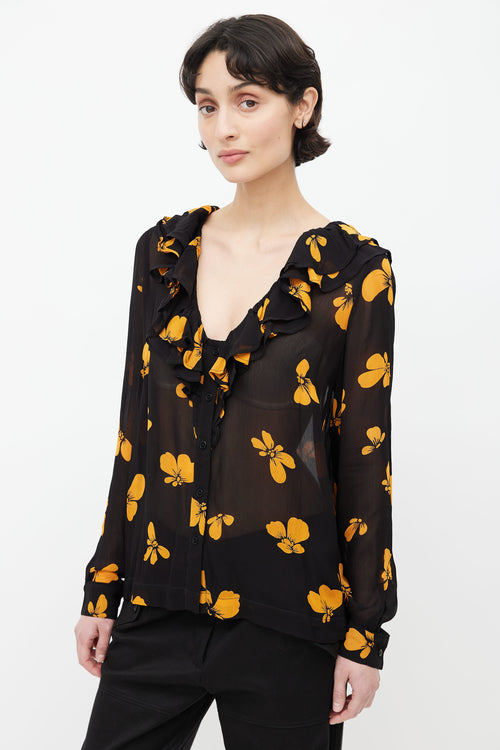 Ganni Black 
Orange Floral Semi Sheer Blouse