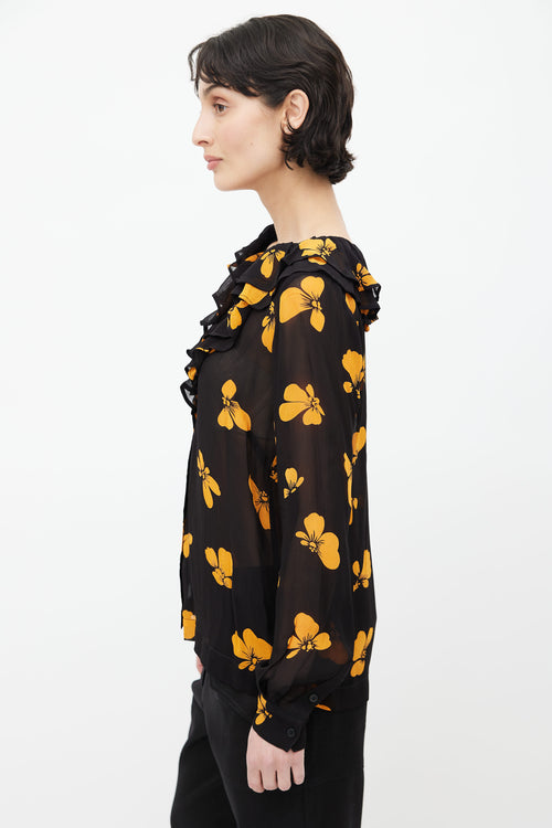 Ganni Black 
Orange Floral Semi Sheer Blouse