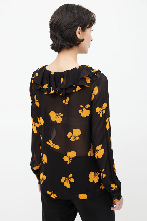 Ganni Black 
Orange Floral Semi Sheer Blouse