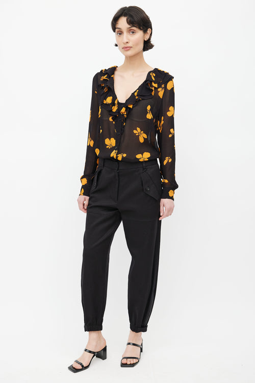 Ganni Black 
Orange Floral Semi Sheer Blouse