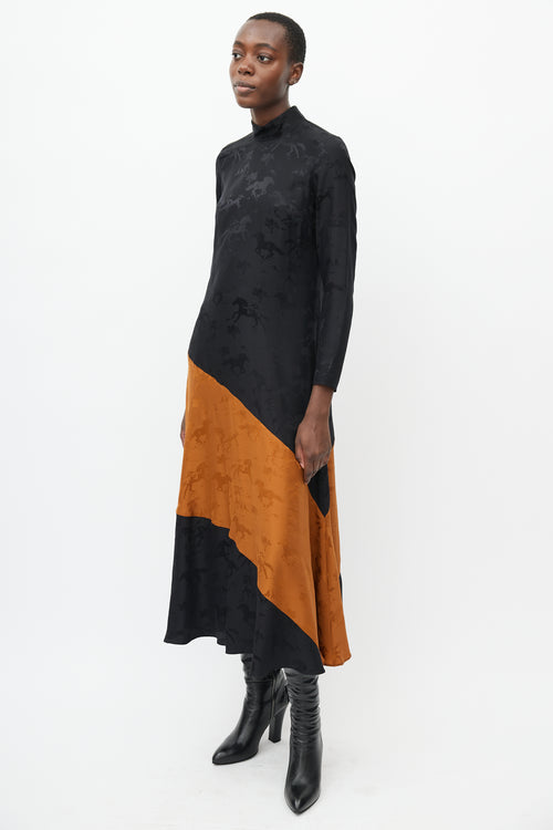 Ganni Black 
Orange Silk Horse Dress