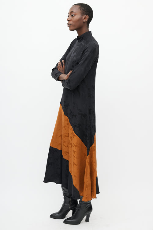 Ganni Black 
Orange Silk Horse Dress