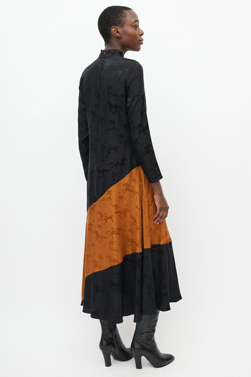 Ganni Black 
Orange Silk Horse Dress