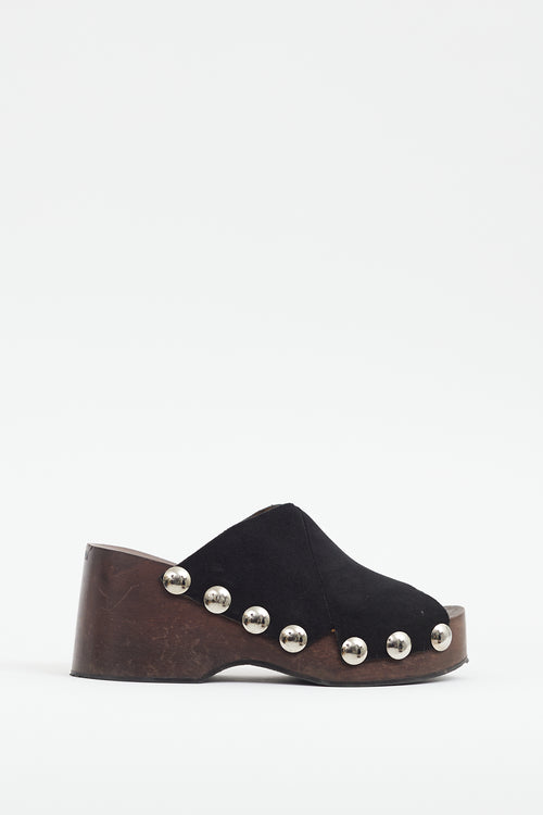 Ganni Black Suede Platform Studded Mule