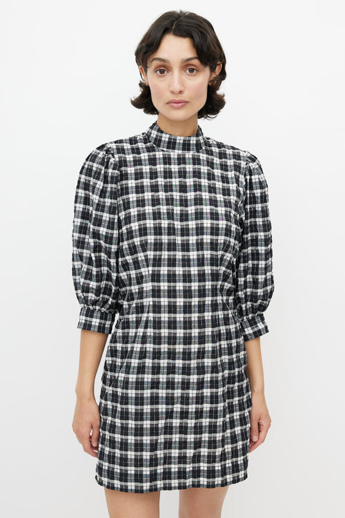 Ganni Black 
White Metallic Plaid Dress