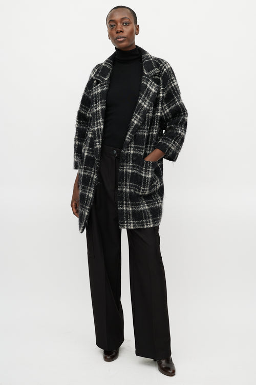 Ganni Black 
White Plaid Wool Coat