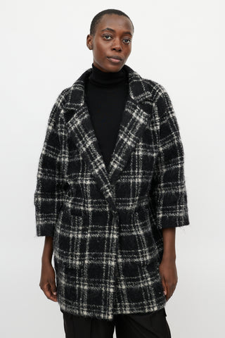 Ganni Black 
White Plaid Wool Coat