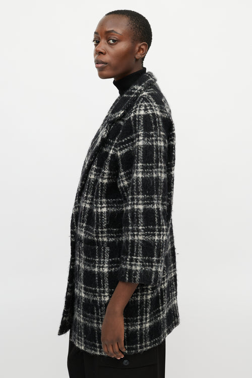 Ganni Black 
White Plaid Wool Coat