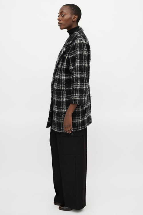 Ganni Black 
White Plaid Wool Coat