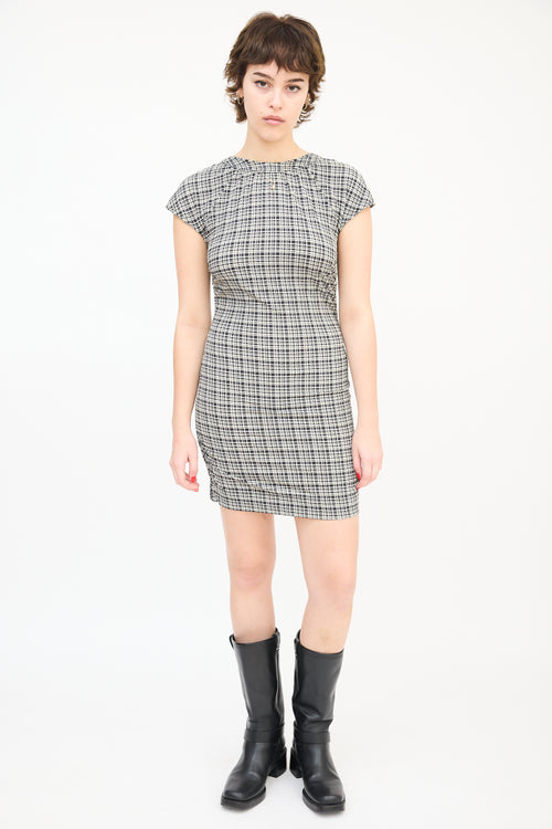 Ganni Black 
White Seersucker Check Ruched Mini Dress