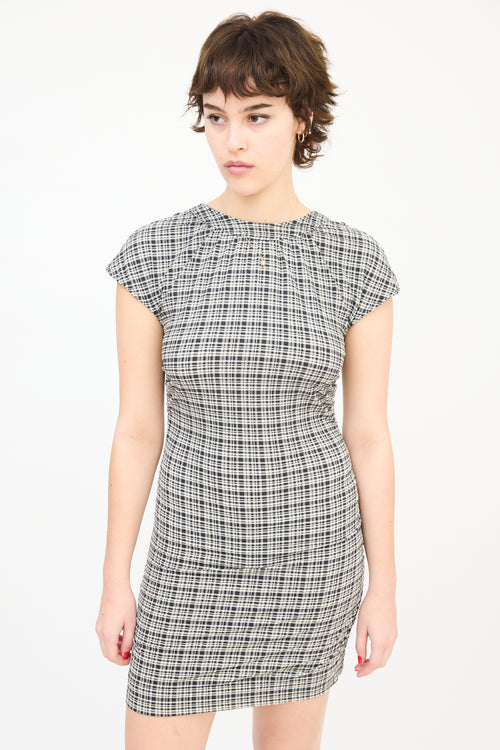 Ganni Black 
White Seersucker Check Ruched Mini Dress